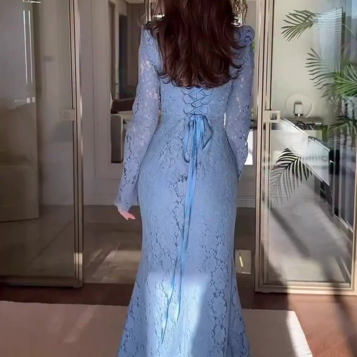 Modest high neckline lace gown with long sheer sleeves