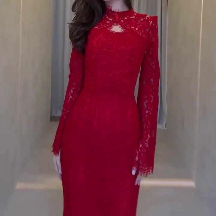 Red floral lace maxi gown with corset back and bell cuffs