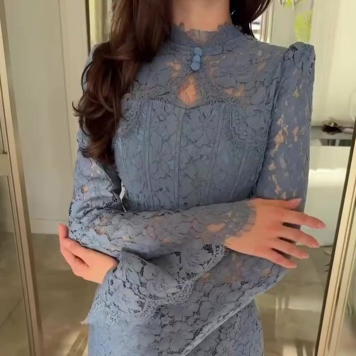 Scalloped lace hem detail on Victorian-inspired maxi gown