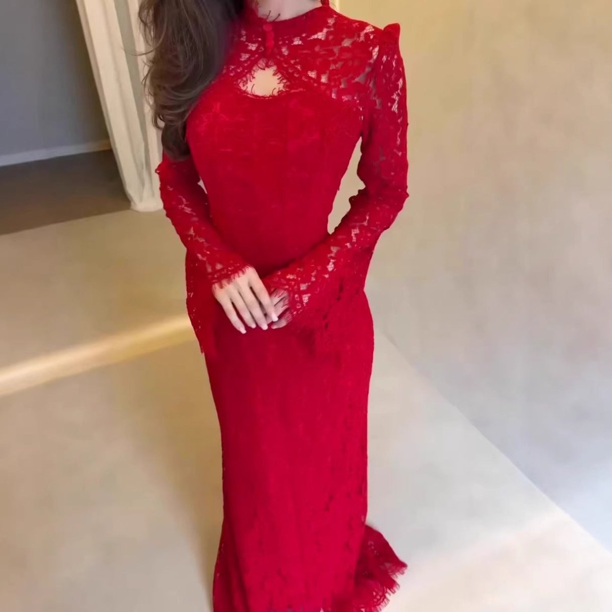 Luxury Lace Dress with Bell Sleeves – Floral Lace Maxi Gown