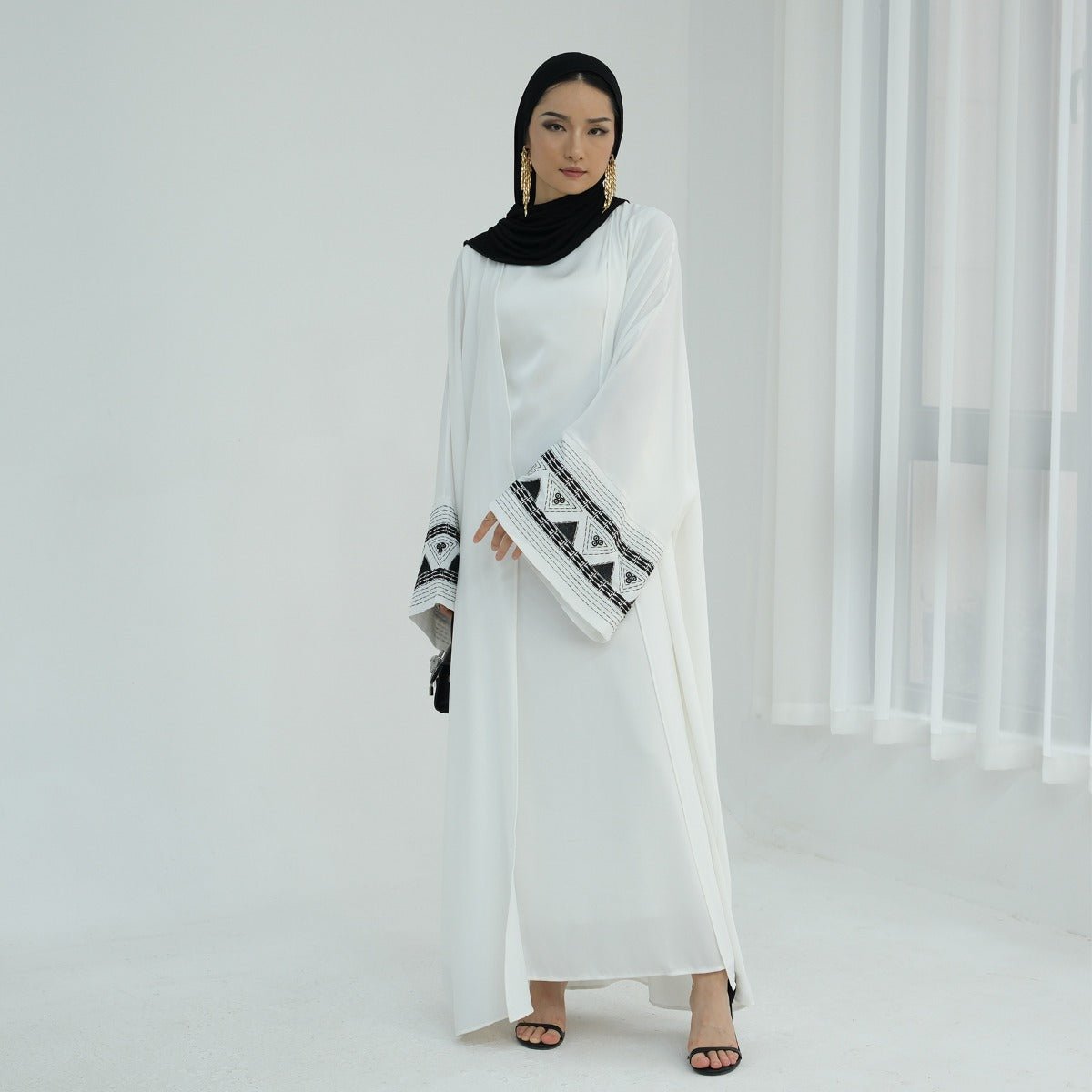 Luxury Muslim Embroidered Bell Sleeve Abaya | White Modest Robe with Black Geometric Embroidery. (MOA171) - Mariam's Collection