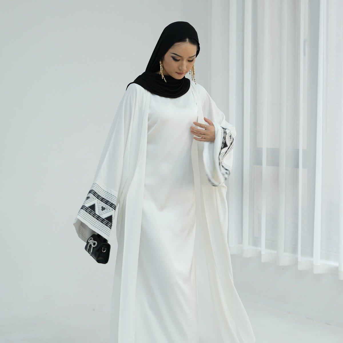 Luxury Muslim Embroidered Bell Sleeve Abaya | White Modest Robe with Black Geometric Embroidery. (MOA171) - Mariam's Collection