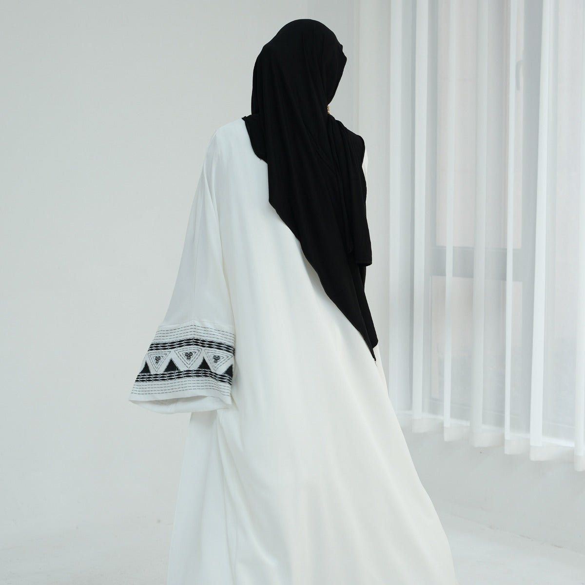 Luxury Muslim Embroidered Bell Sleeve Abaya | White Modest Robe with Black Geometric Embroidery. (MOA171) - Mariam's Collection