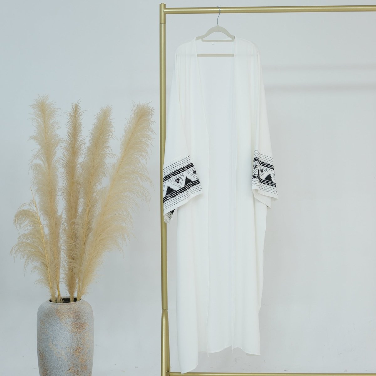 Luxury Muslim Embroidered Bell Sleeve Abaya | White Modest Robe with Black Geometric Embroidery. (MOA171) - Mariam's Collection
