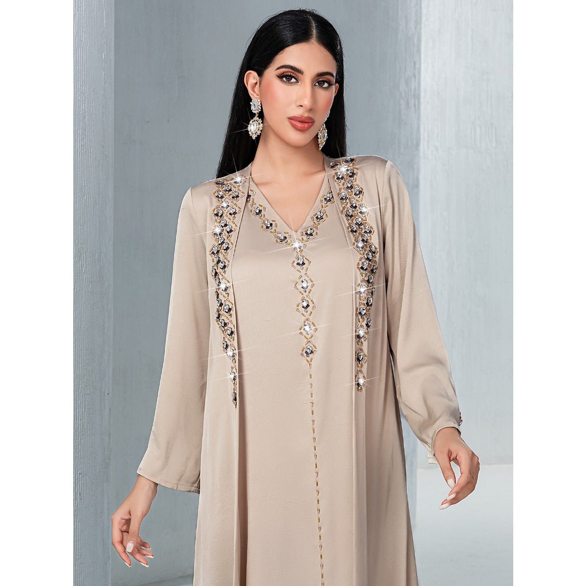 Luxury Muslim Kaftan Set Evening Wear | Beige Hand - Sewn Diamond Two - Piece Dress with Bell Sleeves(MOA202) - Mariam's Collection