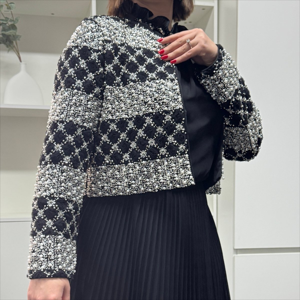 Full-length view of pearl beaded abaya two-piece set