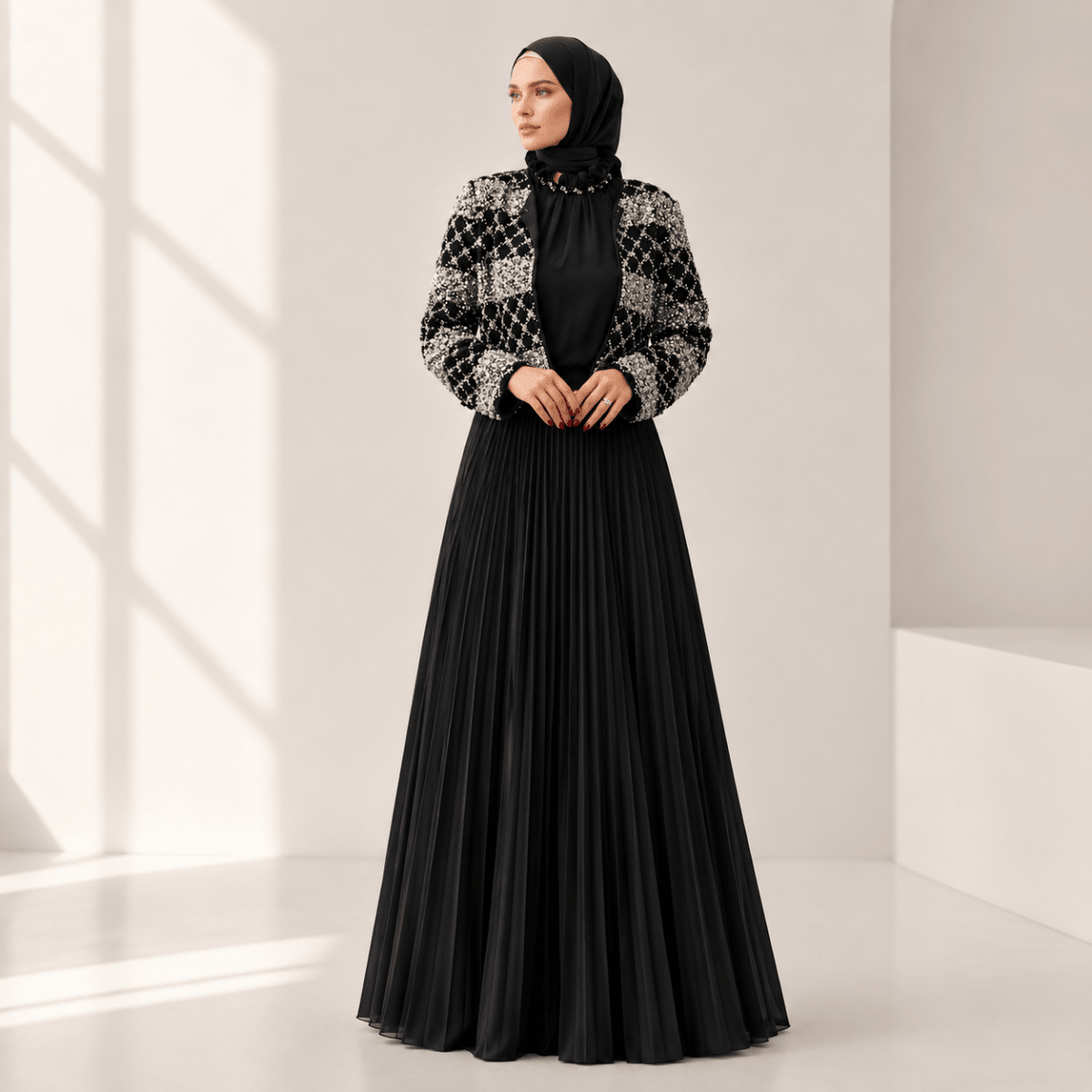 Pearl Beaded Bridal Abaya Set – Luxury Pleated Abaya Dress
