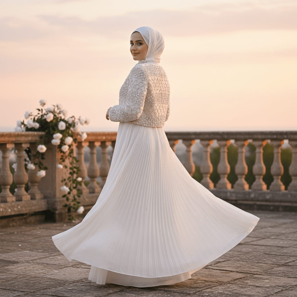 Luxury Pearl Beaded Diamond Grid Jacket & Pleated Dress Set(MS403) - Mariam's Collection