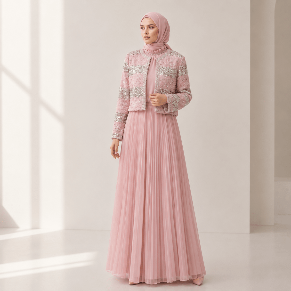 Pearl Beaded Bridal Abaya Set – Luxury Pleated Abaya Dress
