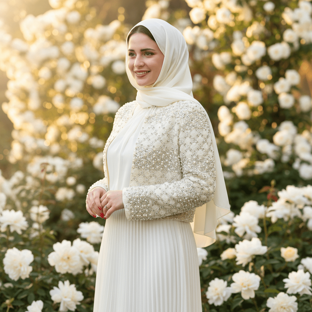 Luxury Pearl Beaded Diamond Grid Jacket & Pleated Dress Set(MS403) - Mariam's Collection