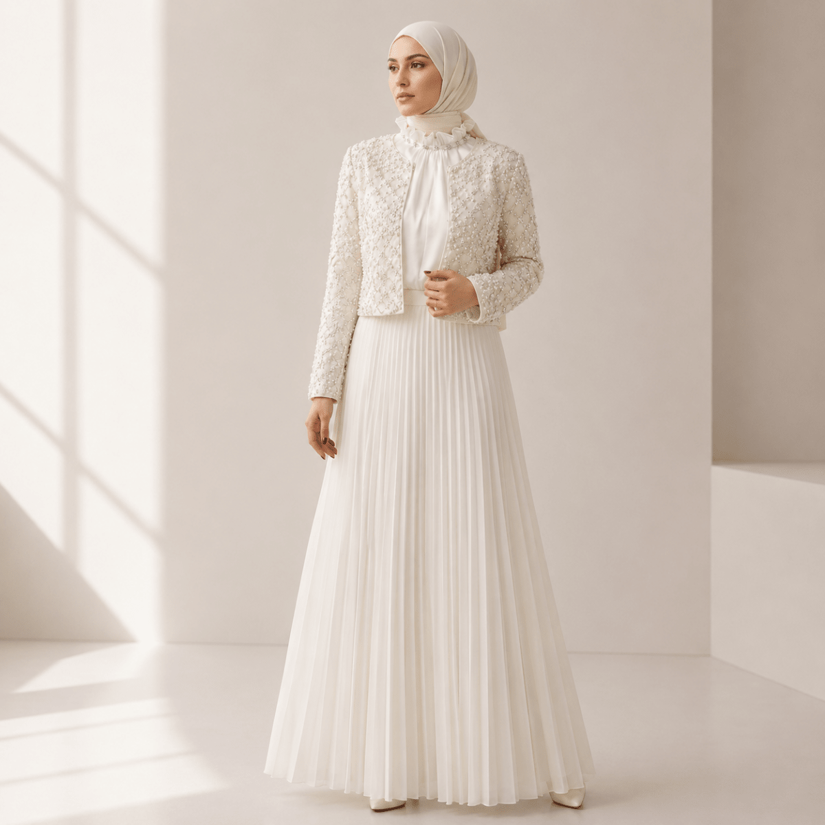Pearl Beaded Bridal Abaya Set – Luxury Pleated Abaya Dress