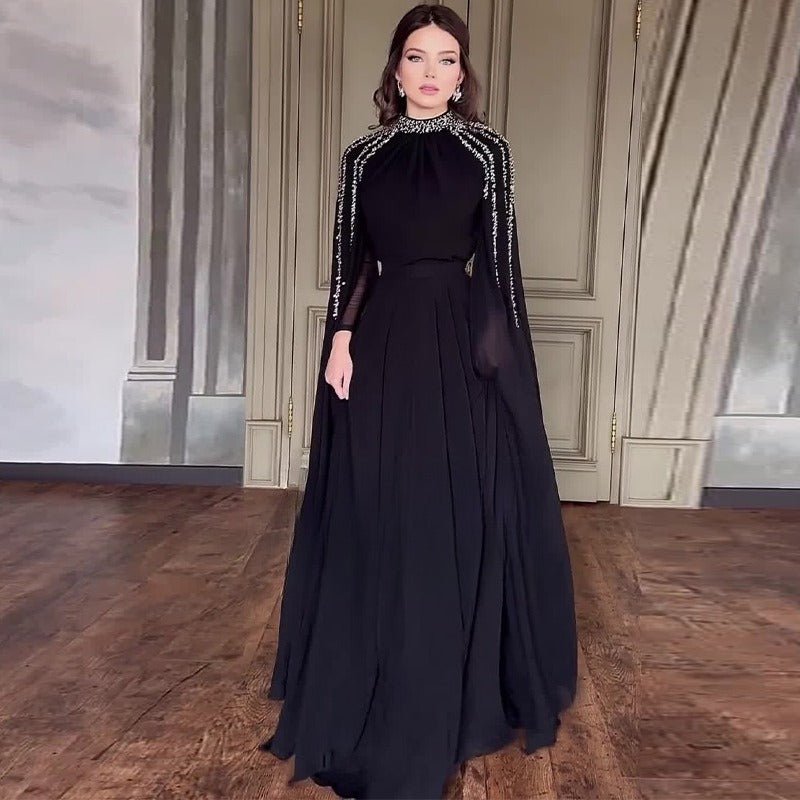 Luxury Rhinestone Embellished Abaya | Flowing Raglan Sleeve Dress with Cinched Waist(MA299) - Mariam's Collection
