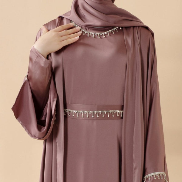 Luxury Satin Abaya With Diamond Tassels Belt, 6 - Piece Set (MOA041) - Mariam's Collection