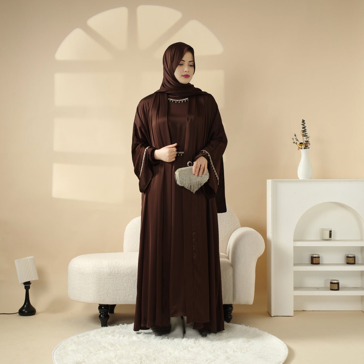 Luxury Satin Abaya With Diamond Tassels Belt, 6 - Piece Set (MOA041) - Mariam's Collection