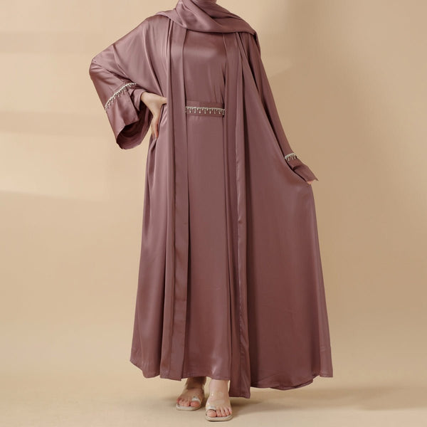 Luxury Satin Abaya With Diamond Tassels Belt, 6 - Piece Set (MOA041) - Mariam's Collection