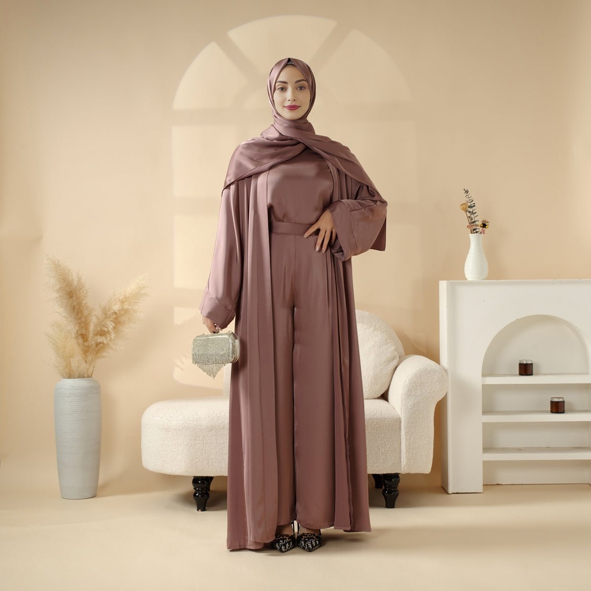 Luxury Satin Modest Abaya Set 4 - Piece – Elegant Open Abaya, Top, Pants & Matching Hijab(MOA034) - Mariam's Collection