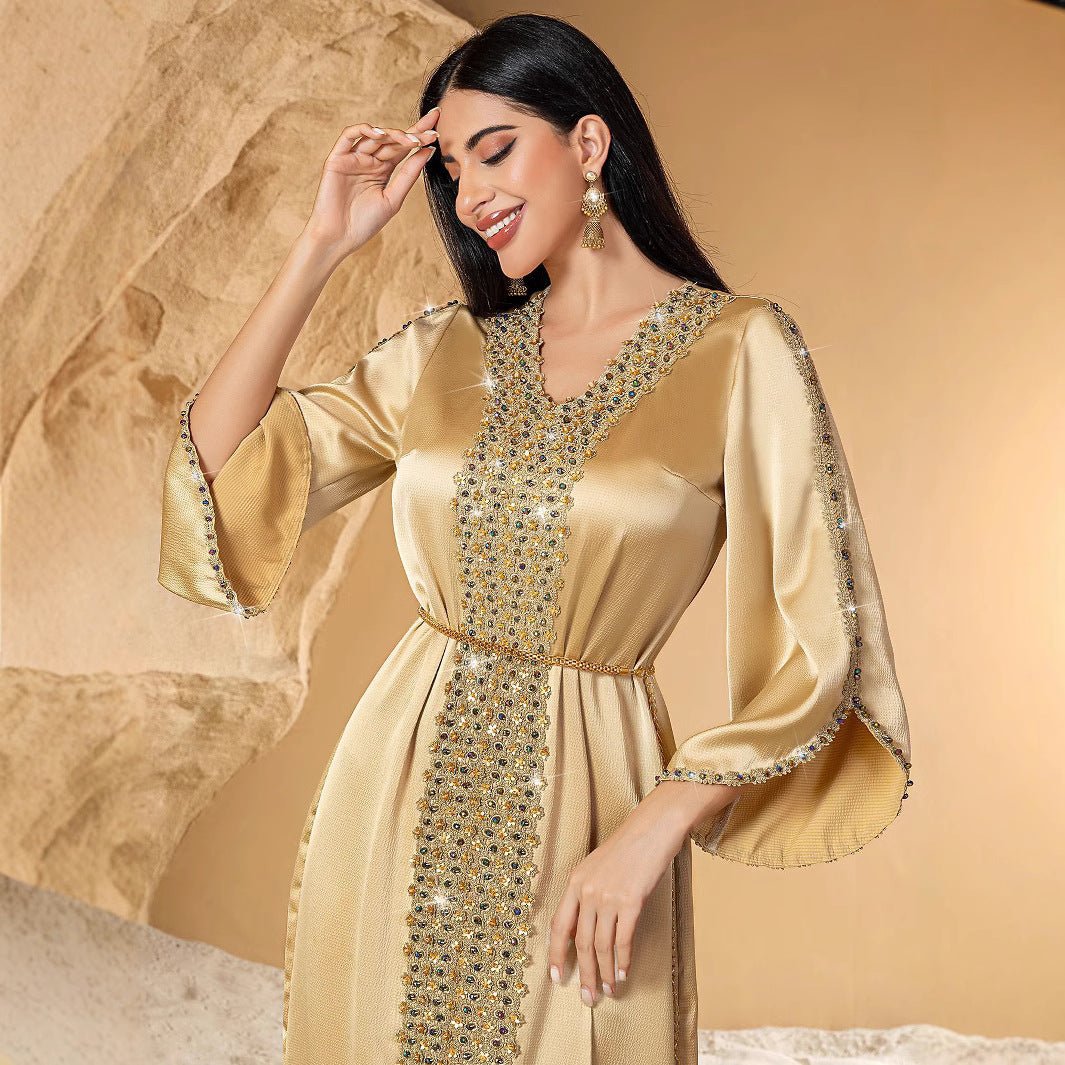 Luxury Wedding & Evening Party Champagne Elegance Hand - Beaded Lace Abaya. (MA186) - Mariam's Collection