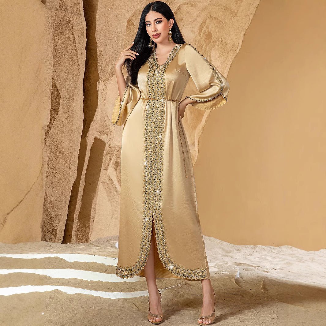 Luxury Wedding & Evening Party Champagne Elegance Hand - Beaded Lace Abaya. (MA186) - Mariam's Collection