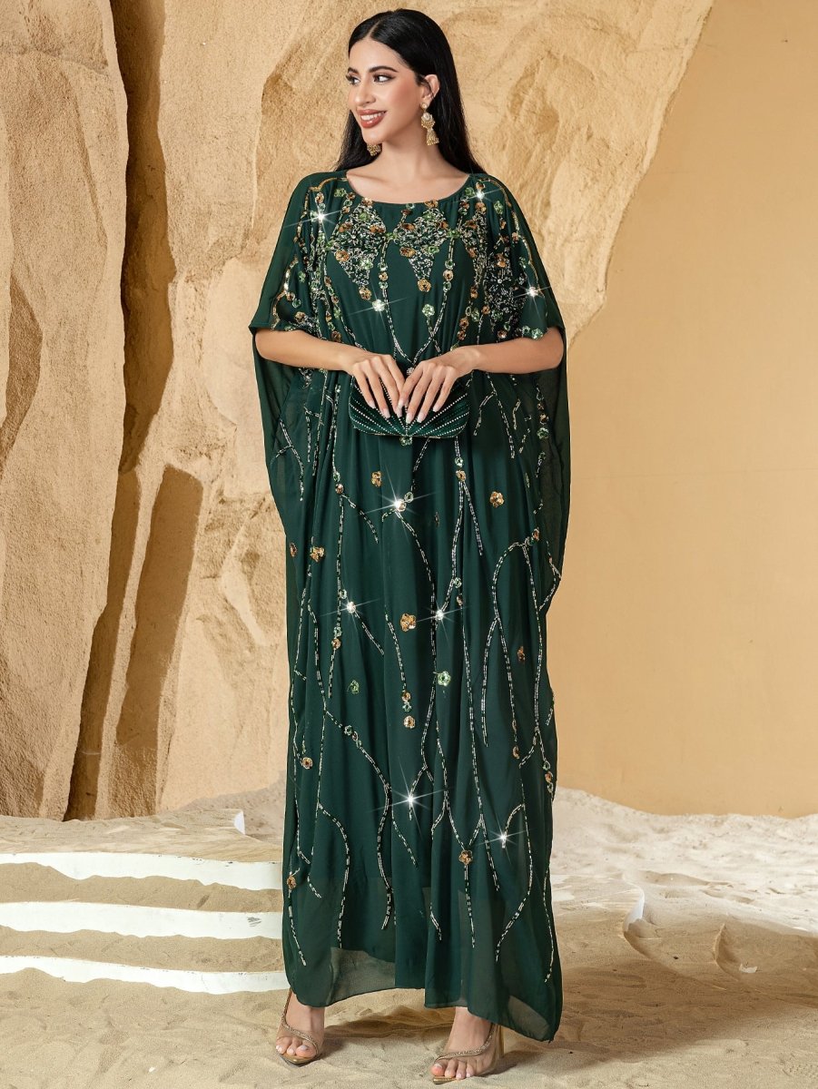 Luxury Wedding & Party Emerald Enchantment Hand - Sewn 3D Bead Flower Cape Abaya. (MA185) - Mariam's Collection