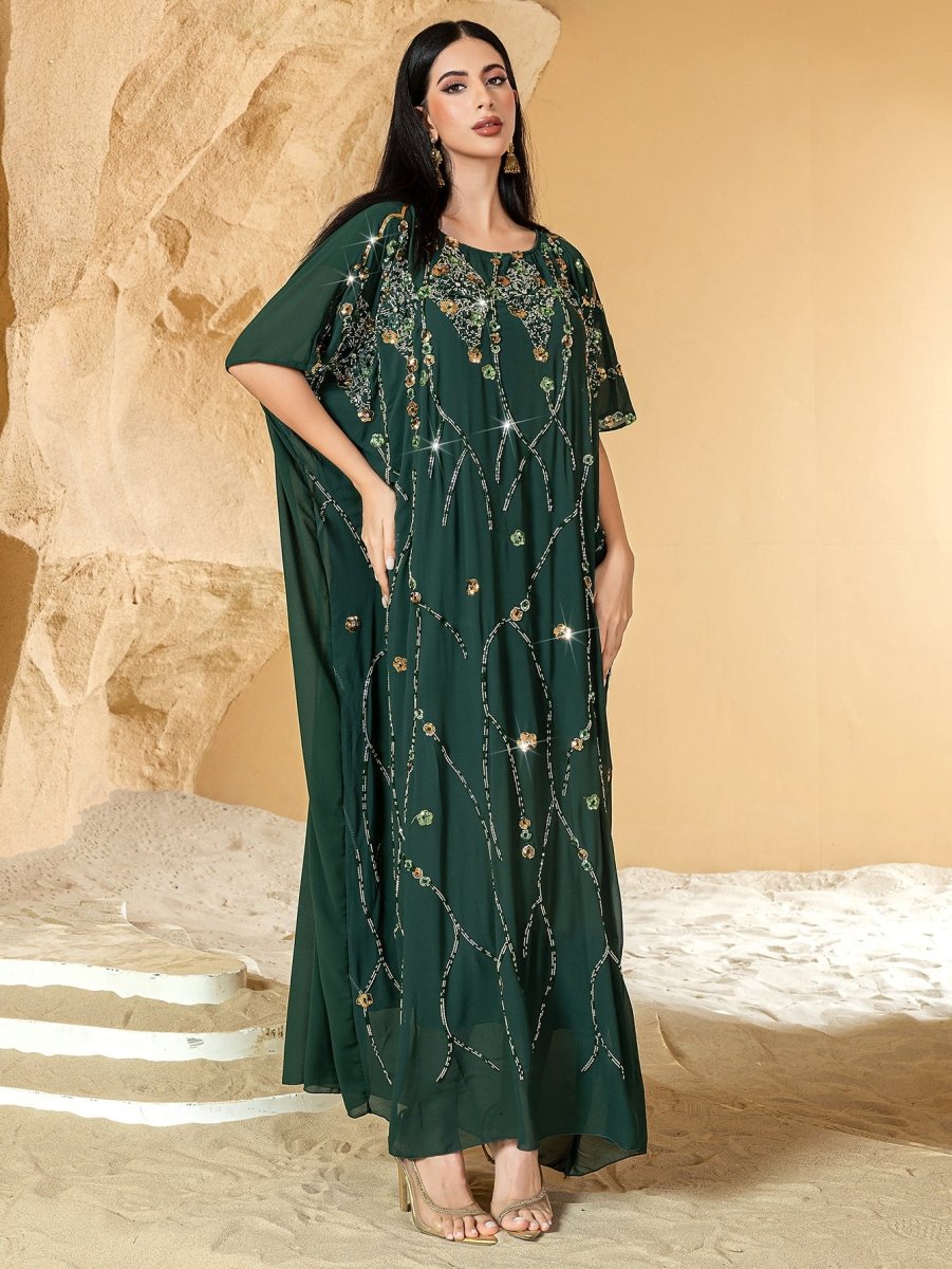 Luxury Wedding & Party Emerald Enchantment Hand - Sewn 3D Bead Flower Cape Abaya. (MA185) - Mariam's Collection