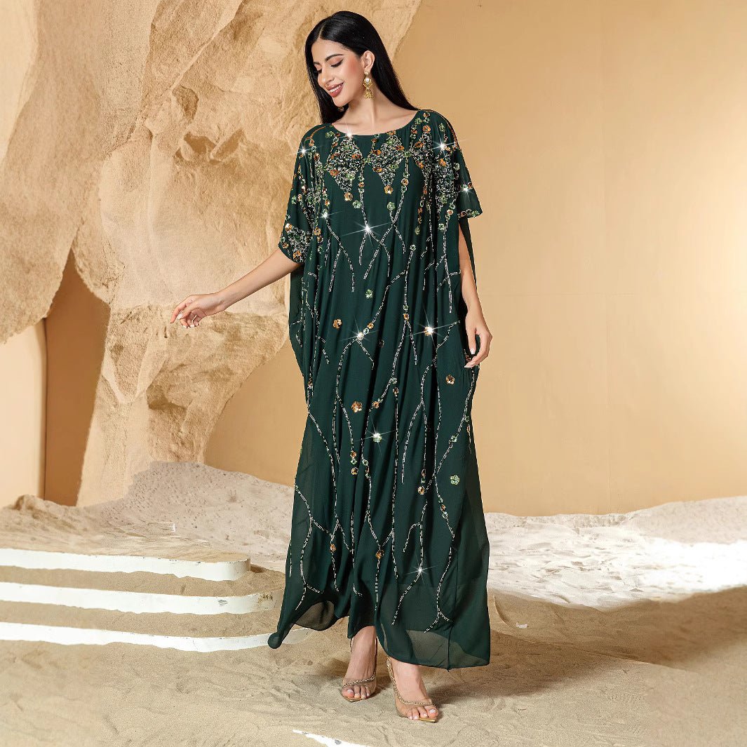 Luxury Wedding & Party Emerald Enchantment Hand - Sewn 3D Bead Flower Cape Abaya. (MA185) - Mariam's Collection