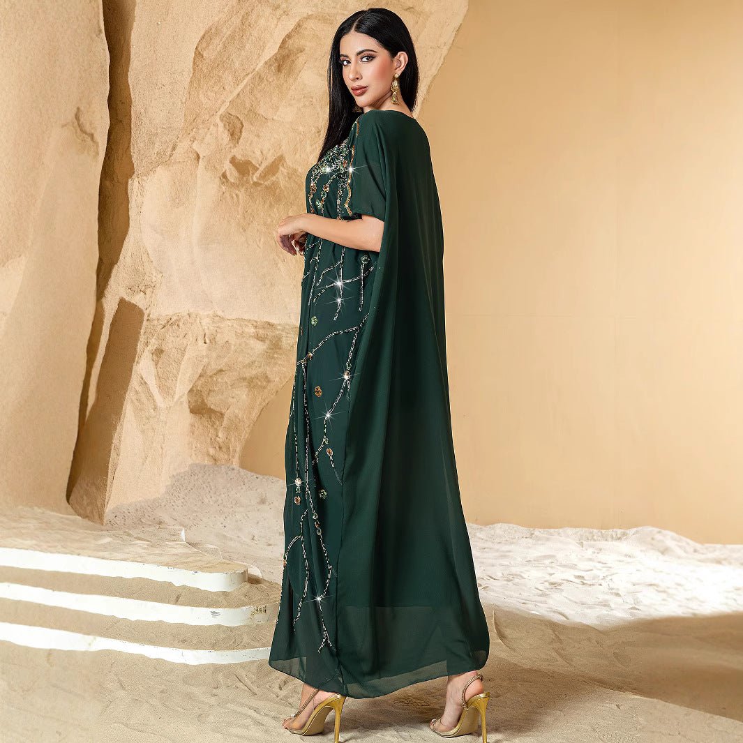 Luxury Wedding & Party Emerald Enchantment Hand - Sewn 3D Bead Flower Cape Abaya. (MA185) - Mariam's Collection
