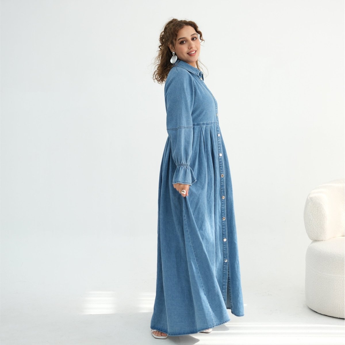 Empire waist seam on tencel denim maxi abaya