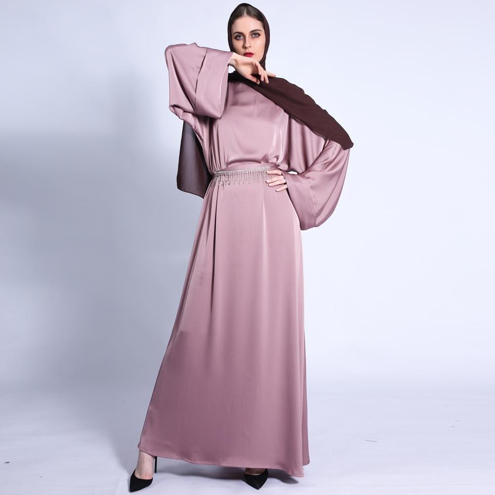 MA011 Pocket Satin Abaya With Shiny Rhinestone Belt - Mariam's Collection