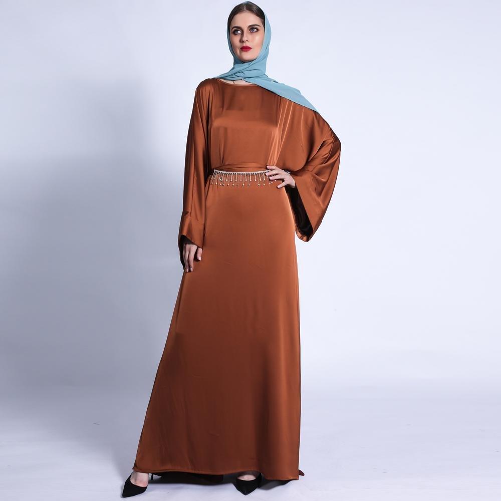 MA011 Pocket Satin Abaya With Shiny Rhinestone Belt - Mariam's Collection