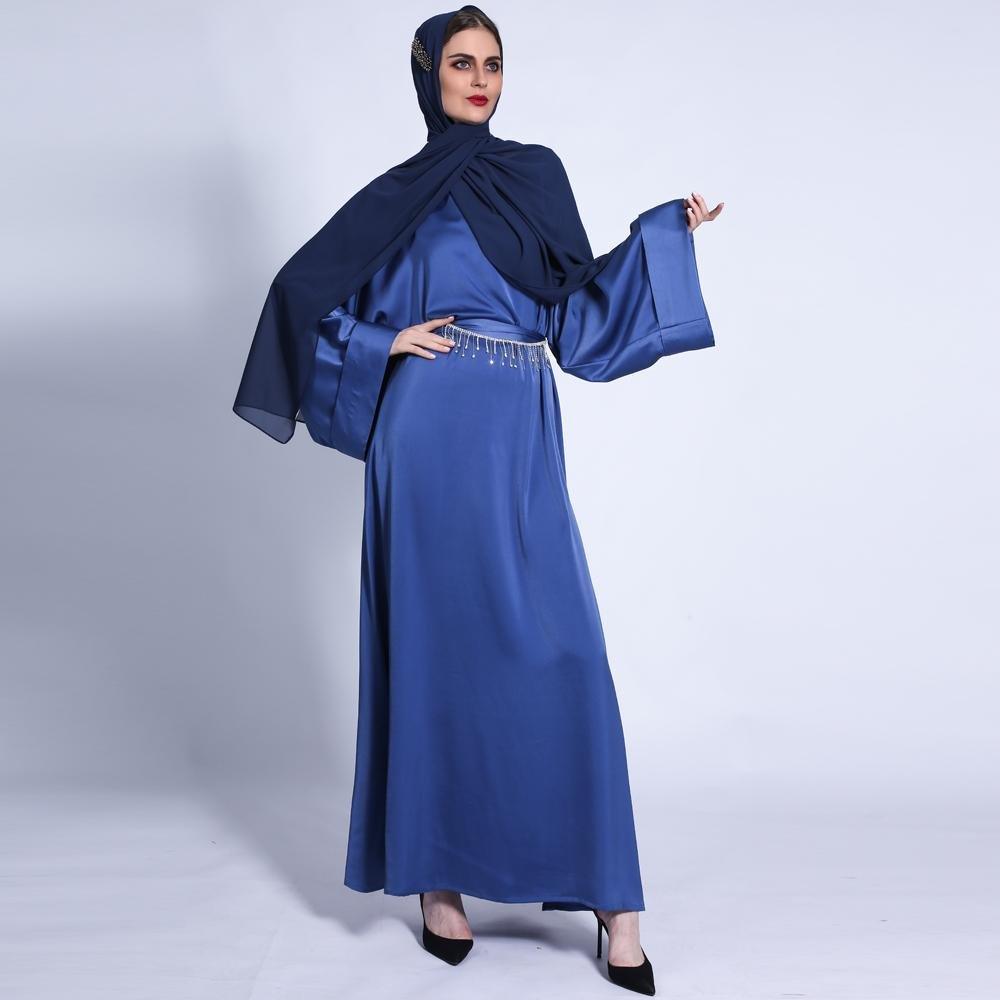 MA011 Pocket Satin Abaya With Shiny Rhinestone Belt - Mariam's Collection