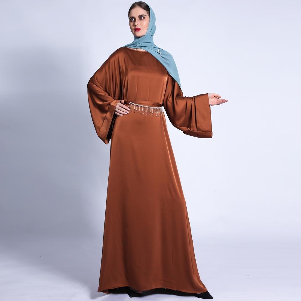 MA011 Pocket Satin Abaya With Shiny Rhinestone Belt - Mariam's Collection