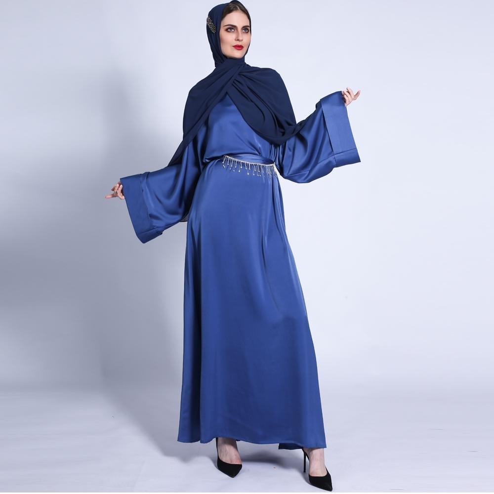 MA011 Pocket Satin Abaya With Shiny Rhinestone Belt - Mariam's Collection