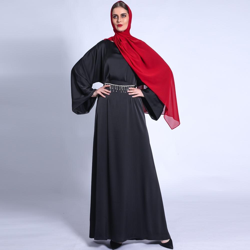 MA011 Pocket Satin Abaya With Shiny Rhinestone Belt - Mariam's Collection