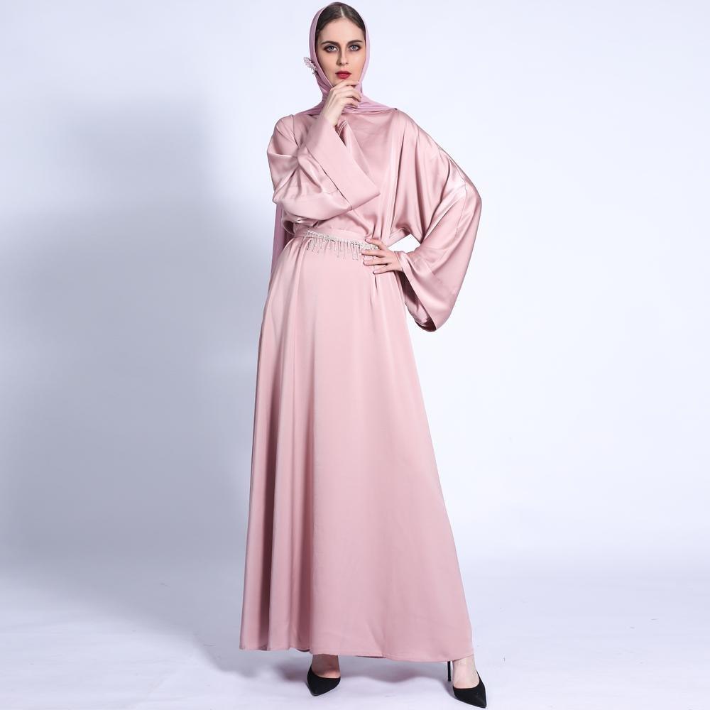 MA011 Pocket Satin Abaya With Shiny Rhinestone Belt - Mariam's Collection