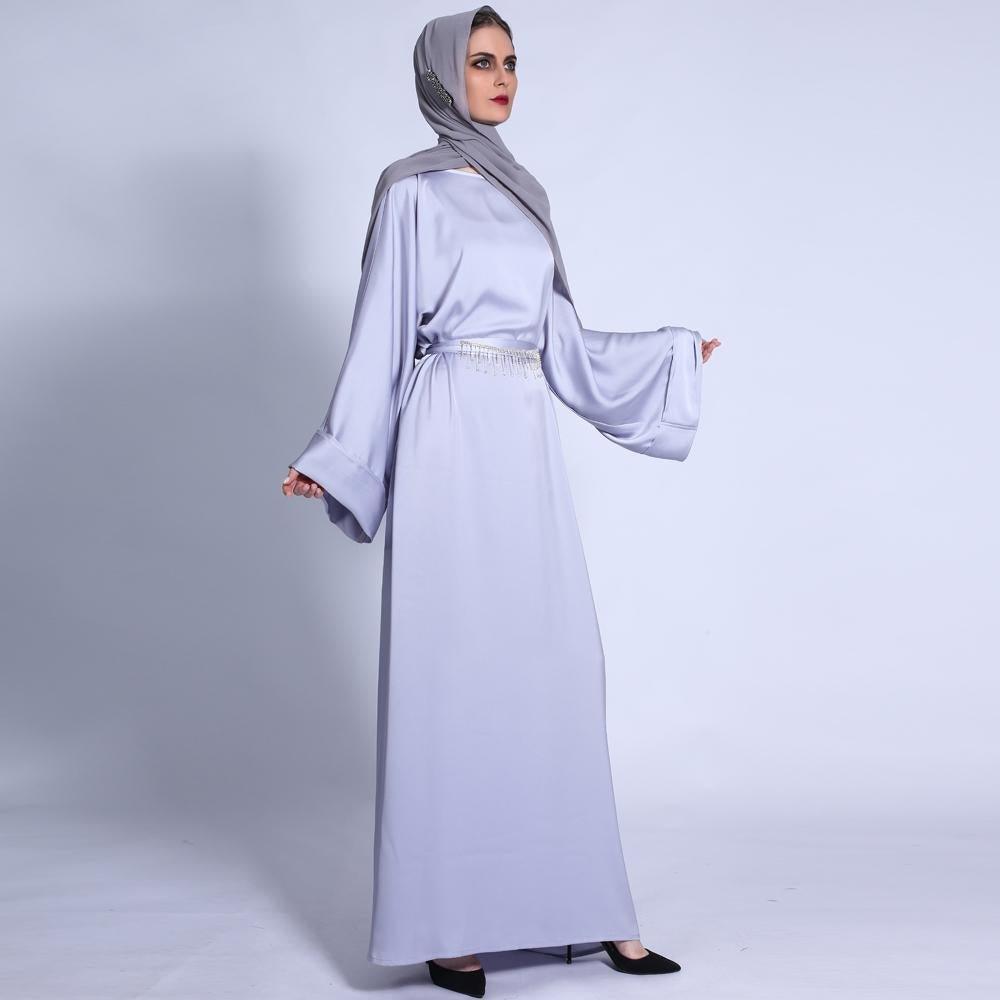 MA011 Pocket Satin Abaya With Shiny Rhinestone Belt - Mariam's Collection