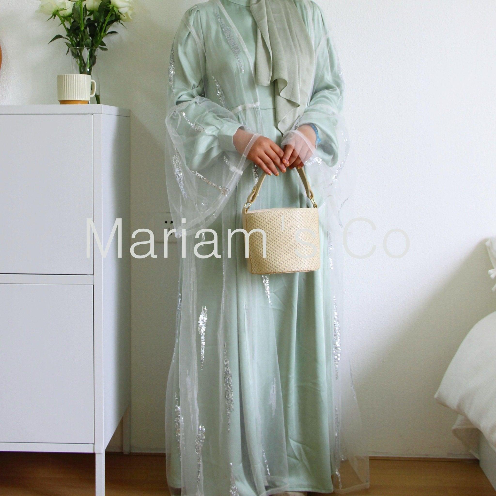 MA025 Sequins Satin 2 Pieces Pocket Abaya Set - Mariam's Collection