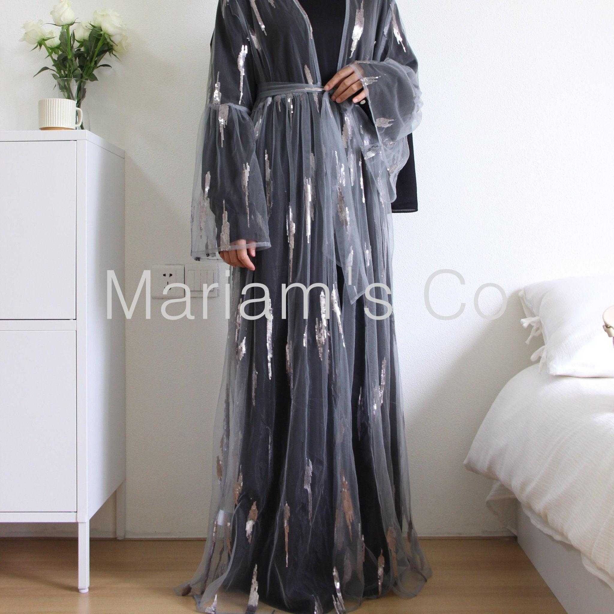 Satin Abaya With Sequins, 3-Piece Set (MA025