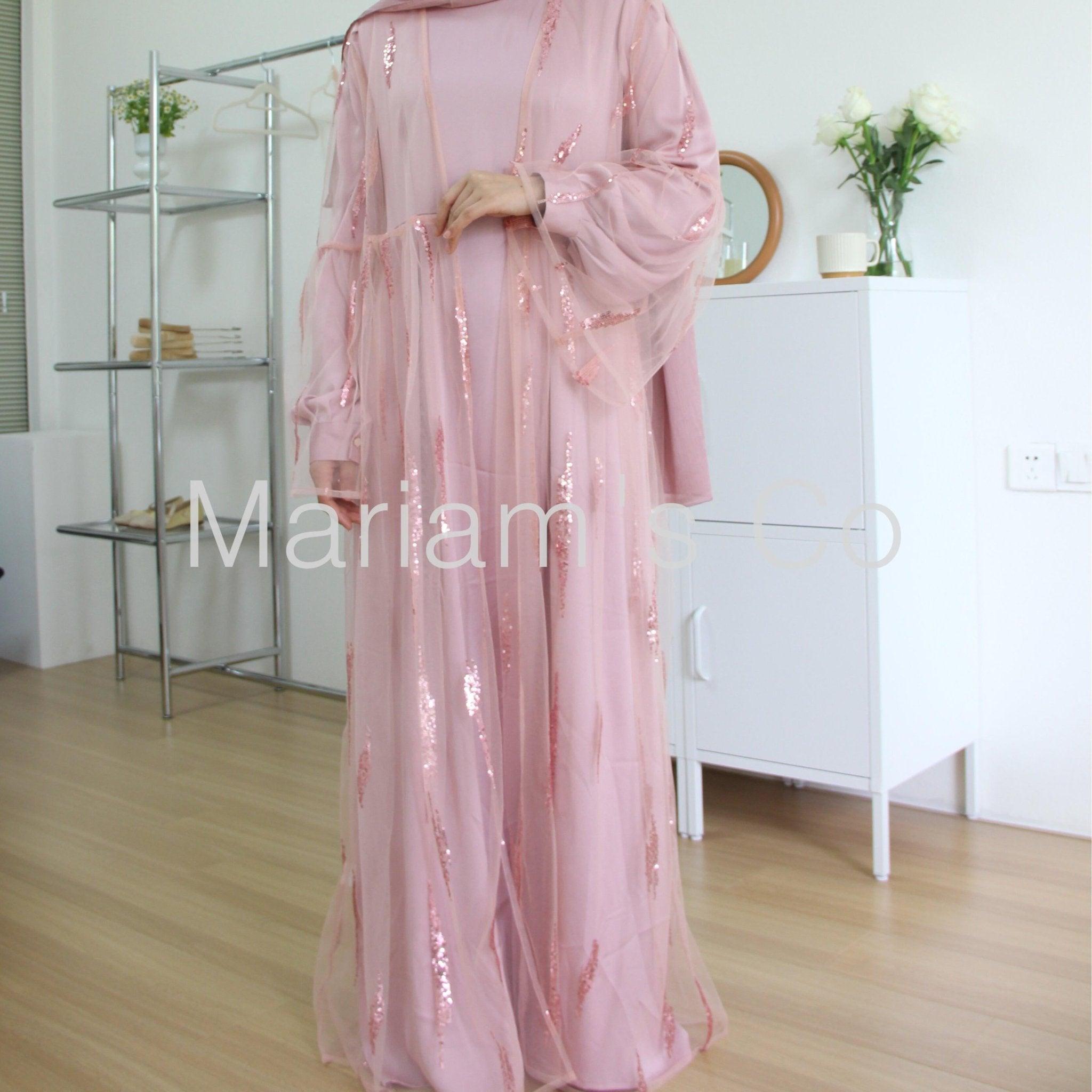 MA025 Sequins Satin 2 Pieces Pocket Abaya Set - Mariam's Collection