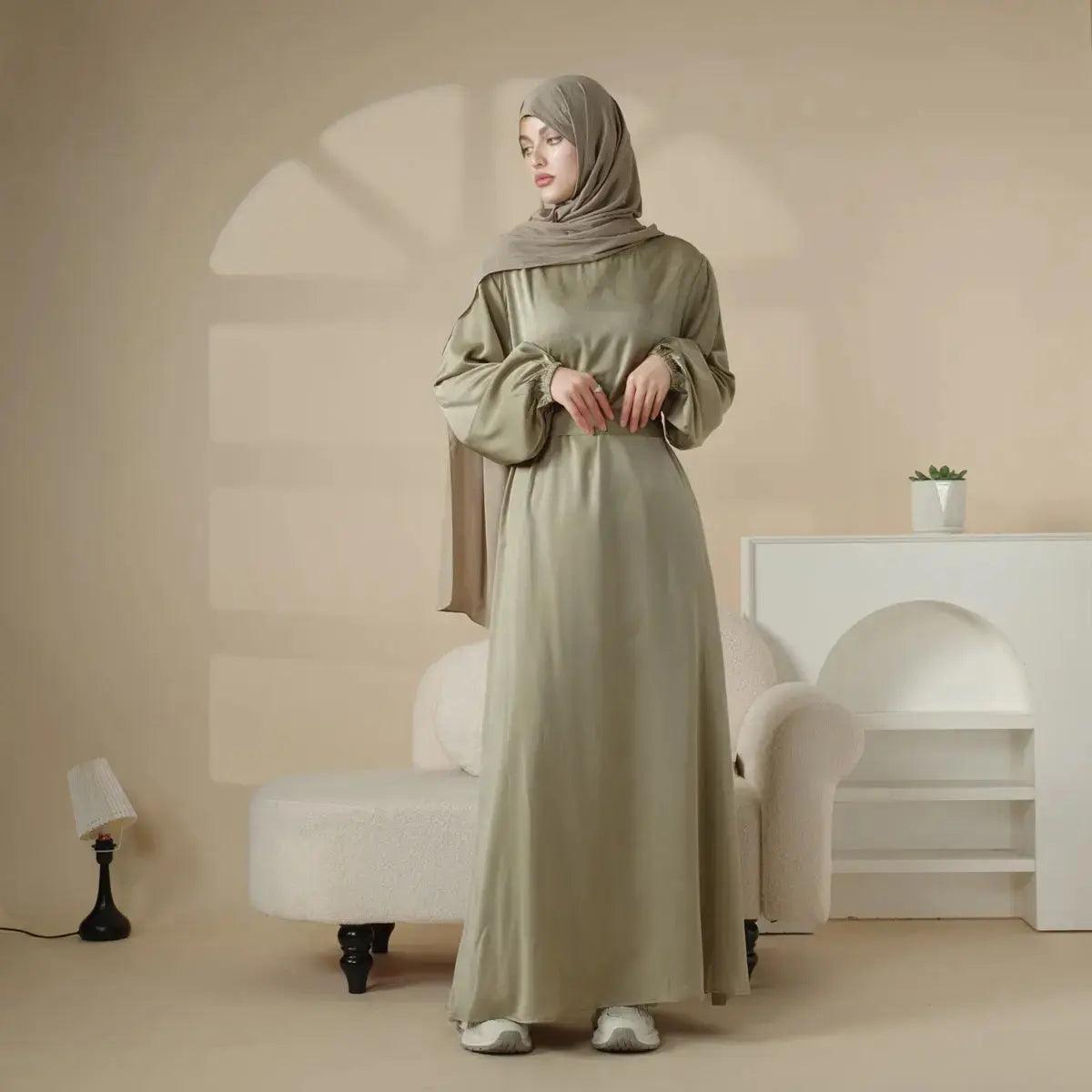 MA031 Puff Sleeve Satin Abaya with Pockets 2-Piece Set - Mariam's Collection