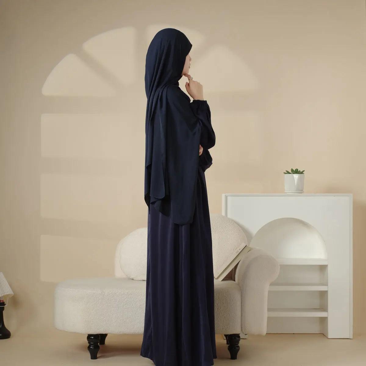 MA031 Puff Sleeve Satin Abaya with Pockets 2-Piece Set - Mariam's Collection