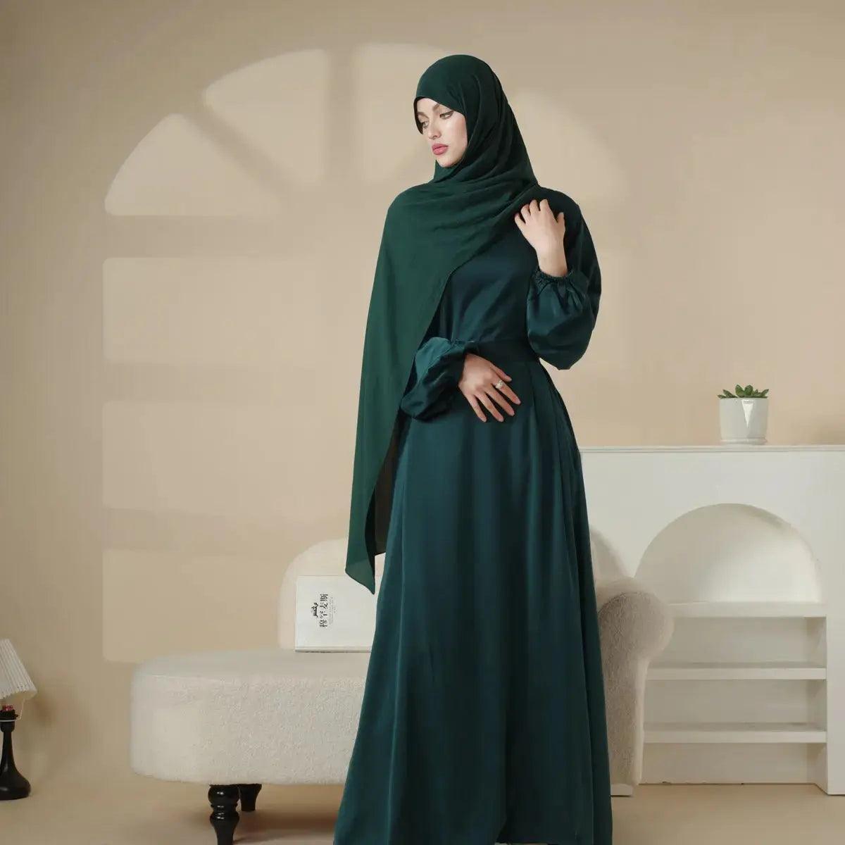 MA031 Puff Sleeve Satin Abaya with Pockets 2-Piece Set - Mariam's Collection