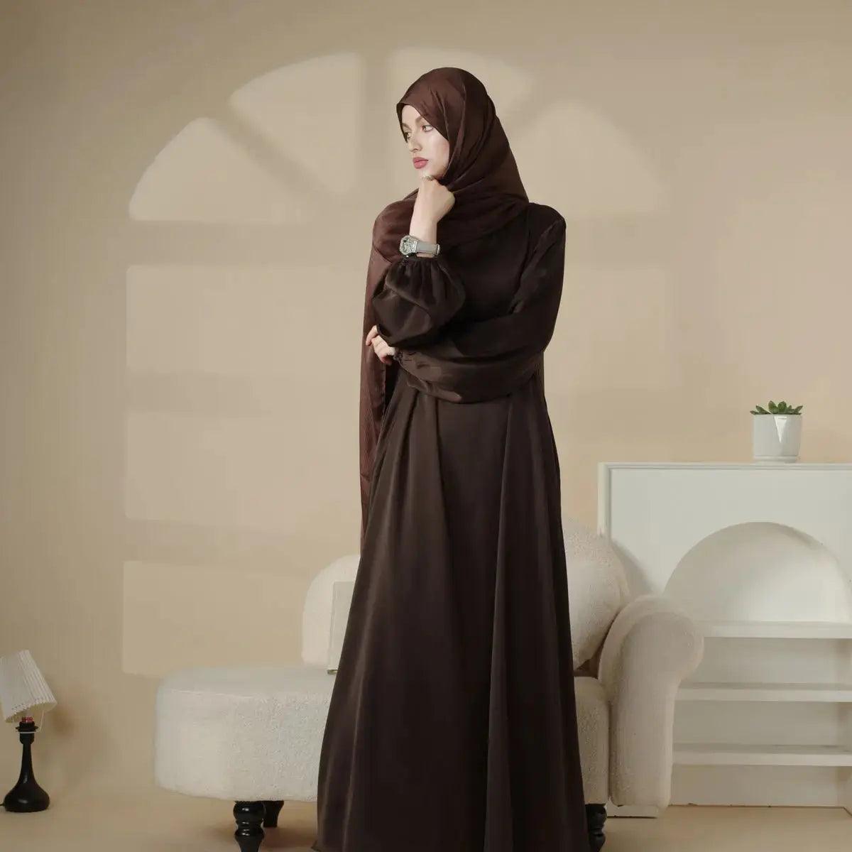 MA031 Puff Sleeve Satin Abaya with Pockets 2-Piece Set - Mariam's Collection