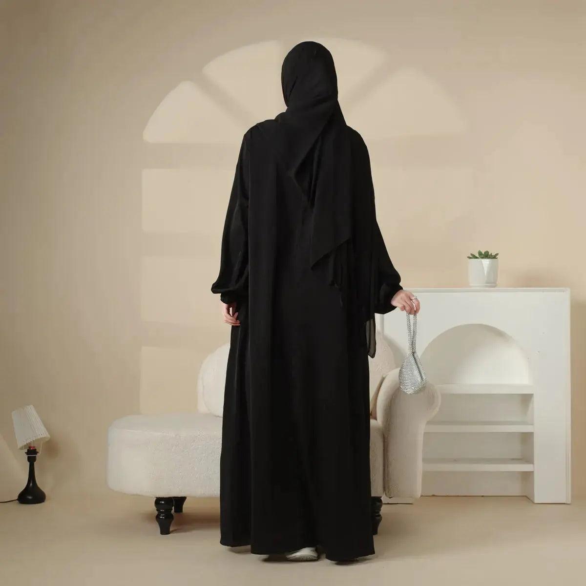 MA031 Puff Sleeve Satin Abaya with Pockets 2-Piece Set - Mariam's Collection