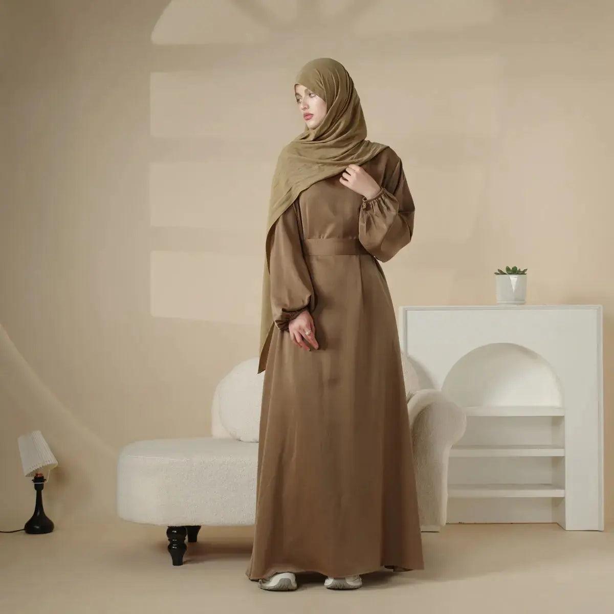 MA031 Puff Sleeve Satin Abaya with Pockets 2-Piece Set - Mariam's Collection