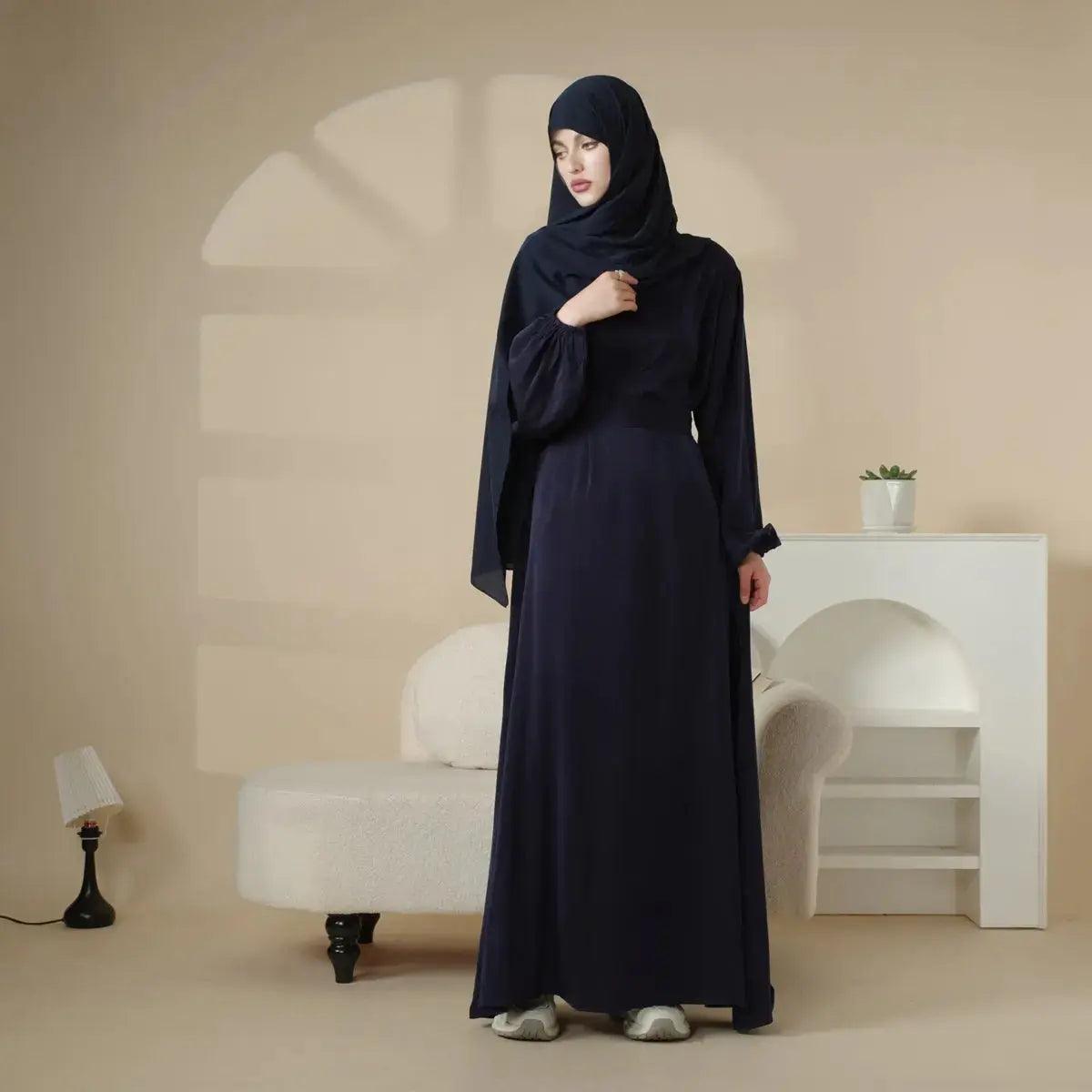 MA031 Puff Sleeve Satin Abaya with Pockets 2-Piece Set - Mariam's Collection