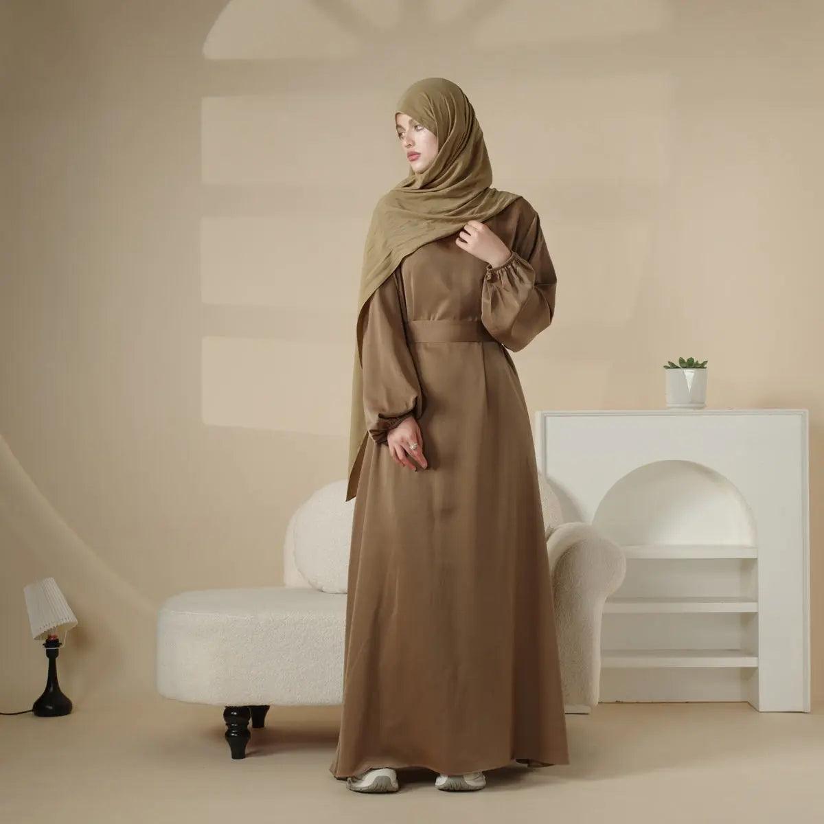 MA031 Puff Sleeve Satin Abaya with Pockets 2-Piece Set - Mariam's Collection