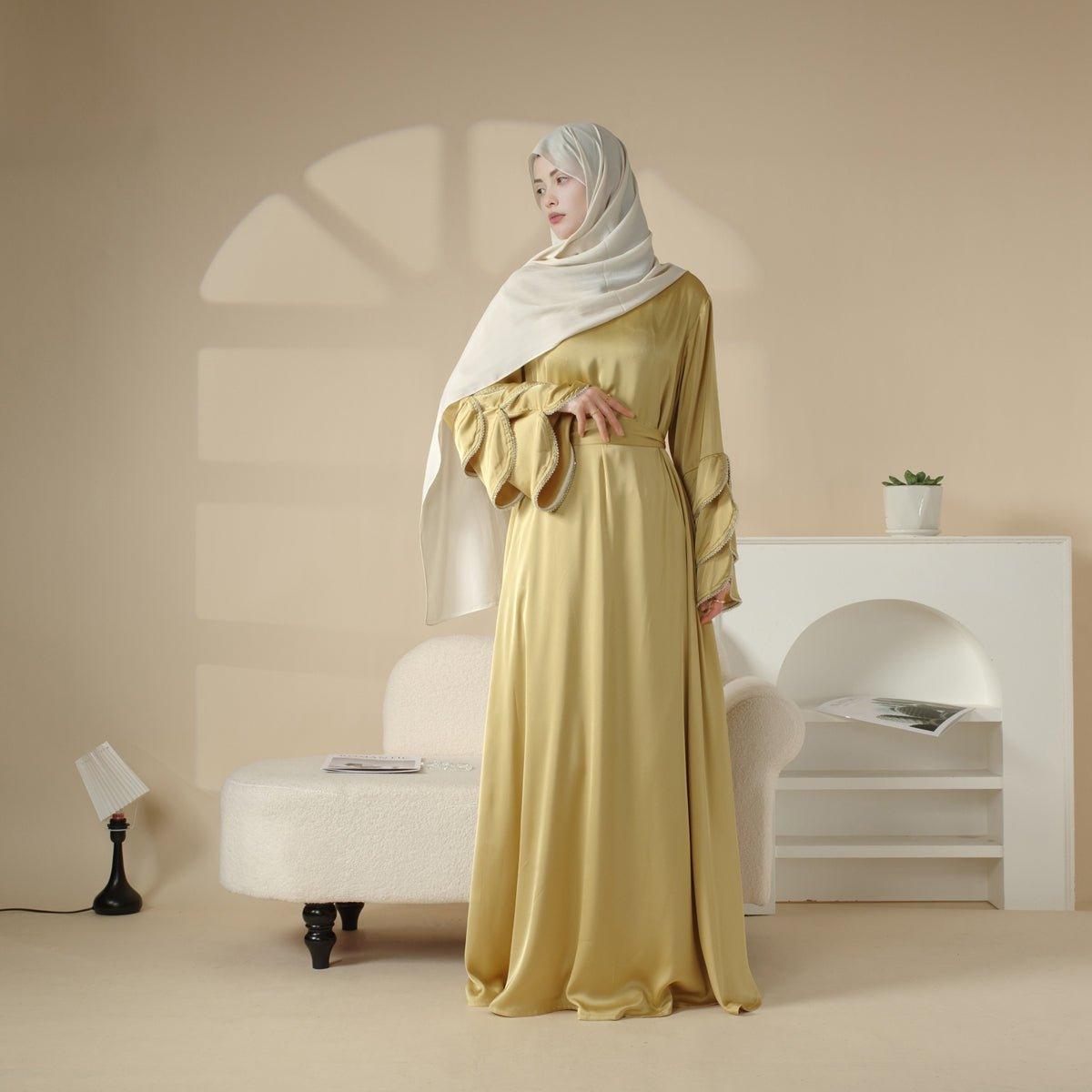 MA040 Ruffle Sleeve Diamond Satin Pocket Abaya - Mariam's Collection