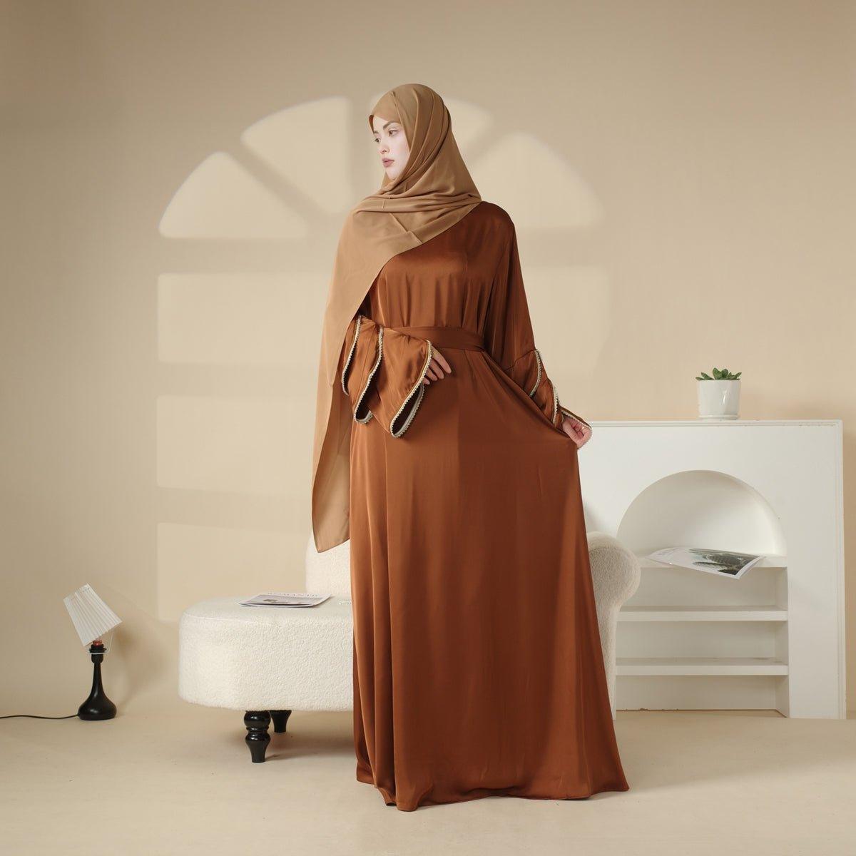 MA040 Ruffle Sleeve Diamond Satin Pocket Abaya - Mariam's Collection