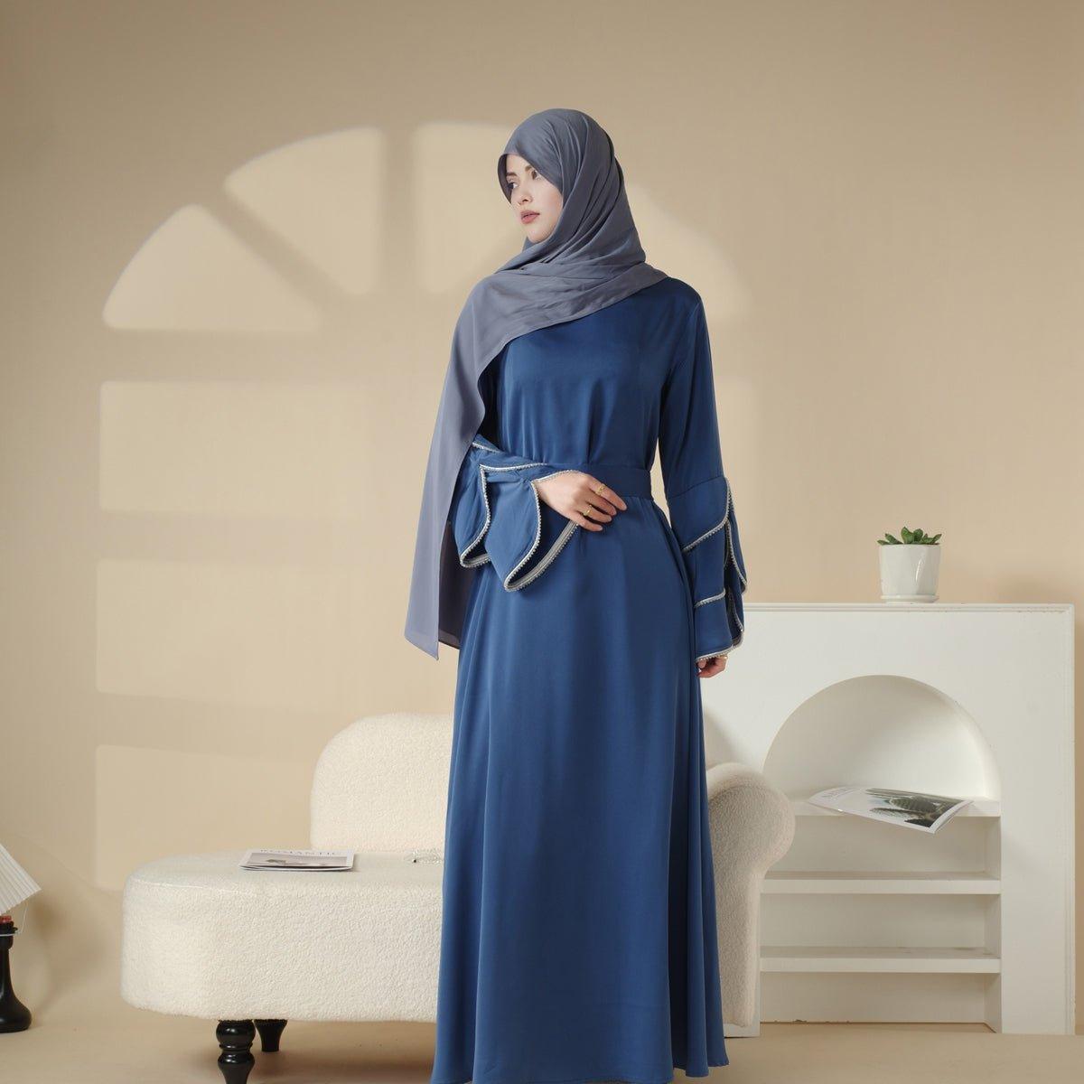 MA040 Ruffle Sleeve Diamond Satin Pocket Abaya - Mariam's Collection