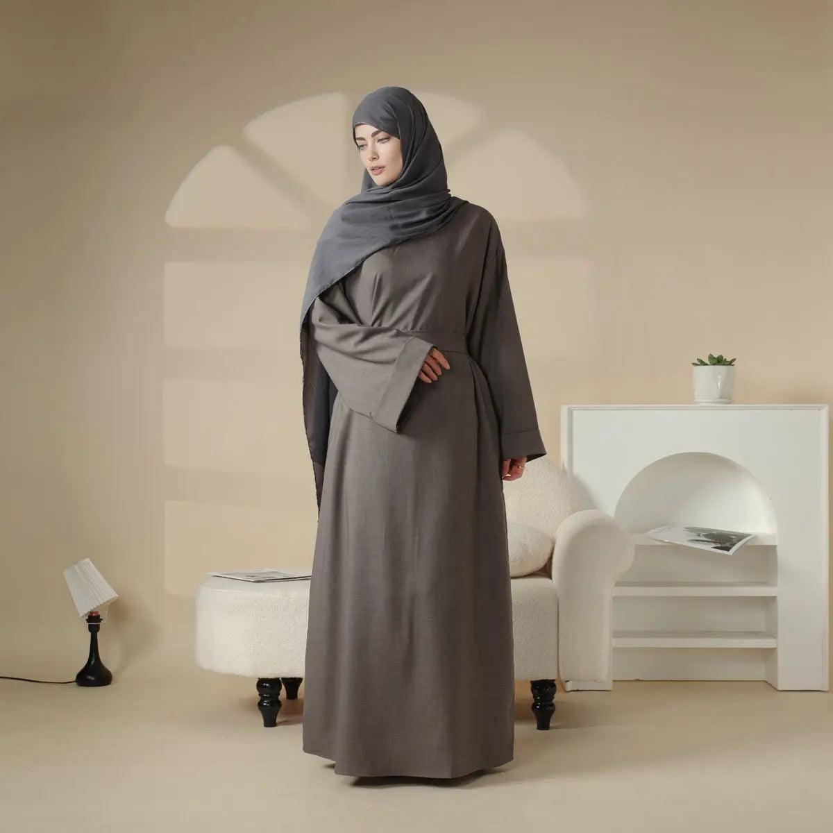 MA043 Linen Plain Abaya with Pockets 2-Piece Set - Mariam's Collection